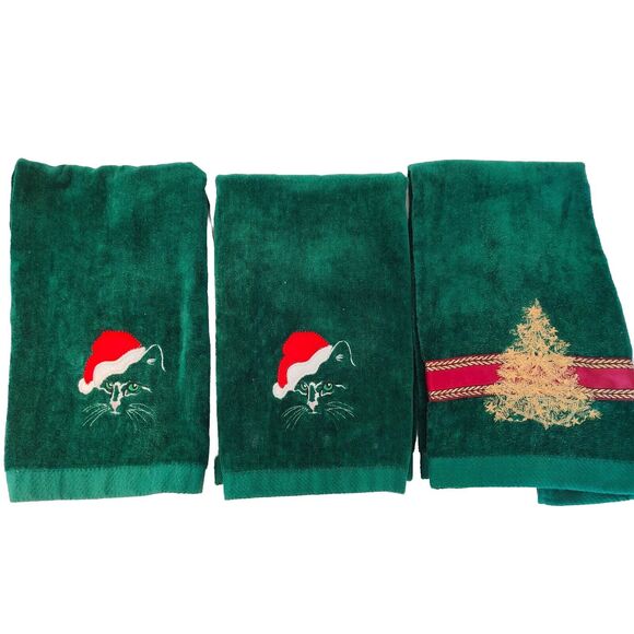 RA Briggs Green Christmas Tree Hand Towel Cat Santa Hat Embroidered Vintage Set3 - Picture 1 of 8